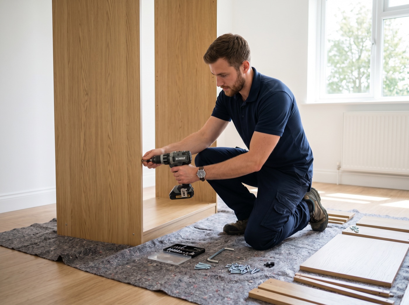 Firs1 Removals mover dismantling a flat-pack wardrobe with power tools before a move